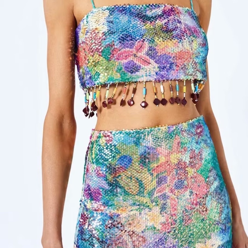 Alexis Storm Beaded Fringe Skirt in Botanical Sequin - Top & Bottom: Size XS - Picture 2 of 14